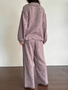 DAZY 碎花雪纺面料蕾丝边宽松女士睡衣套装，秋冬服装 - 紫色 - 查看 2