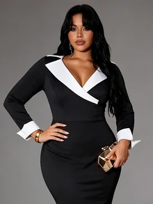 Rustia Vestido de talla grande con ribete de contraste y espalda dividida - Negro - Ver 4