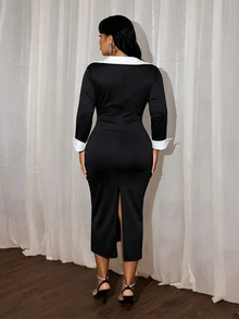 Rustia Vestido de talla grande con ribete de contraste y espalda dividida - Negro - Ver 2