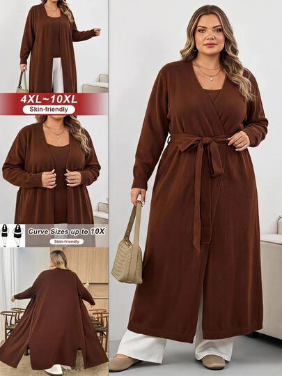 SHEIN CURVE+ كارديجان محبوك طويل للنساء بمقاسات كبيرة، كنزة محبوكة كاجوال أنيقة للخريف/الشتاء، مناسبة للخريف/الشتاء