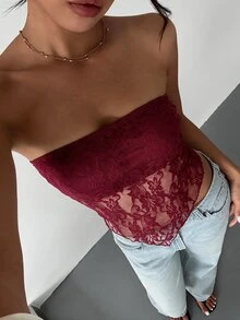 MainGRL 女士性感休闲勃艮第色蕾丝不对称下摆紧身抹胸上衣，适合夏季 - 酒紅色 - 查看 4