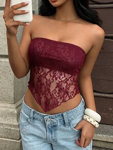MainGRL 女士性感休闲勃艮第色蕾丝不对称下摆紧身抹胸上衣，适合夏季 - 酒紅色 - 查看 1