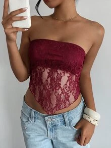 MainGRL 女士性感休闲勃艮第色蕾丝不对称下摆紧身抹胸上衣，适合夏季 - 酒紅色 - 查看 3