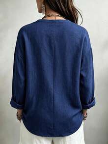 Linhara CURVE Plus Size Woven Casual Office-Style Autumn Shirt - Navy Blue - View 2