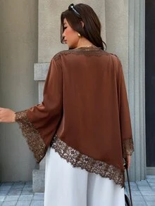 Easura Plus Size Women's Autumn/Winter Elegant Collar Bell Sleeve Solid Color Lace Asymmetric Design Blouse, Suitable For Dating Dinner, Evening, Party Brown - Brown - View 2