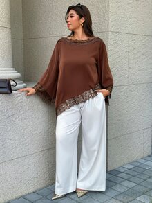 Easura Plus Size Women's Autumn/Winter Elegant Collar Bell Sleeve Solid Color Lace Asymmetric Design Blouse, Suitable For Dating Dinner, Evening, Party Brown - Brown - View 6