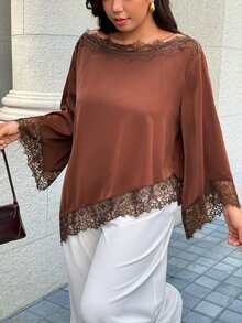 Easura Plus Size Women's Autumn/Winter Elegant Collar Bell Sleeve Solid Color Lace Asymmetric Design Blouse, Suitable For Dating Dinner, Evening, Party Brown - Brown - View 1