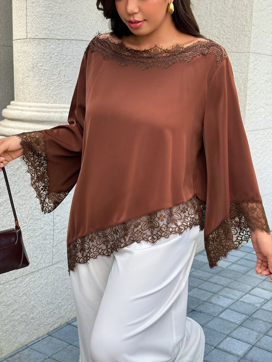 Easura Plus Size Women's Autumn/Winter Elegant Collar Bell Sleeve Solid Color Lace Asymmetric Design Blouse, Suitable For Dating Dinner, Evening, Party Brown - Brown - View 1