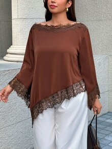 Easura Plus Size Women's Autumn/Winter Elegant Collar Bell Sleeve Solid Color Lace Asymmetric Design Blouse, Suitable For Dating Dinner, Evening, Party Brown - Brown - View 8