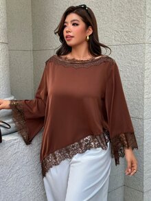 Easura Plus Size Women's Autumn/Winter Elegant Collar Bell Sleeve Solid Color Lace Asymmetric Design Blouse, Suitable For Dating Dinner, Evening, Party Brown - Brown - View 9