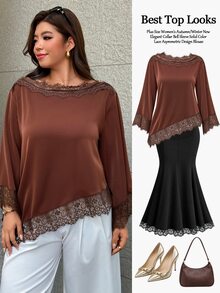 Easura Plus Size Women's Autumn/Winter Elegant Collar Bell Sleeve Solid Color Lace Asymmetric Design Blouse, Suitable For Dating Dinner, Evening, Party Brown - Brown - View 3