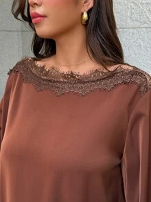 Easura Plus Size Women's Autumn/Winter Elegant Collar Bell Sleeve Solid Color Lace Asymmetric Design Blouse, Suitable For Dating Dinner, Evening, Party Brown - Brown - View 5