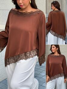 Easura Plus Size Women's Autumn/Winter Elegant Collar Bell Sleeve Solid Color Lace Asymmetric Design Blouse, Suitable For Dating Dinner, Evening, Party Brown - Brown - View 4