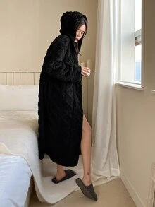 DAZY Hooded Teddy Bear Bathrobe Pajama, For Fall, Winter - Black - View 2