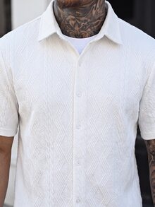 Devon Thys 男士纯色翻领纽扣半开襟休闲百搭通勤短袖衬衫 - 白色 - 查看 3
