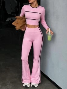 SHEIN Unity 2pcs/Set Baju Rajut Wanita Warna Pink Tanpa Jahitan Nyaman Elastis untuk Yoga, Lari, Bersepeda, Kebugaran, Aktivitas Luar Ruangan, dan Kasual, Cocok untuk Musim Semi, Musim Panas, Musim Gugur, dan Musim Dingin - Berwarna merah muda - View 1