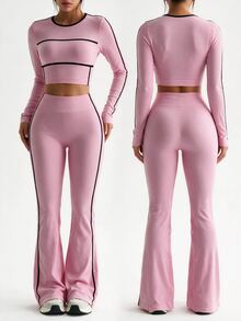 SHEIN Unity 2pcs/Set Baju Rajut Wanita Warna Pink Tanpa Jahitan Nyaman Elastis untuk Yoga, Lari, Bersepeda, Kebugaran, Aktivitas Luar Ruangan, dan Kasual, Cocok untuk Musim Semi, Musim Panas, Musim Gugur, dan Musim Dingin - Berwarna merah muda - View 4
