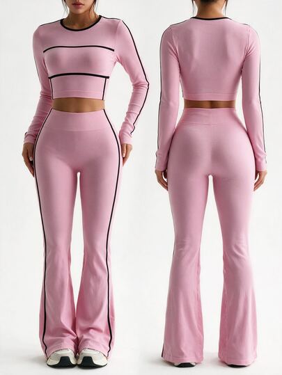 SHEIN Unity 2pcs/Set Women's Pink Knit Seamless Comfortable Elastic Yoga Running Cycling Fitness Outdoor Casual Wear Suitable For Spring Summer Autumn Winter
