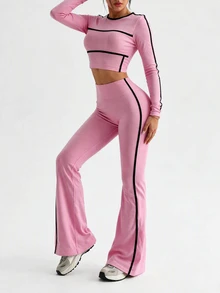 SHEIN Unity 2pcs/Set Baju Rajut Wanita Warna Pink Tanpa Jahitan Nyaman Elastis untuk Yoga, Lari, Bersepeda, Kebugaran, Aktivitas Luar Ruangan, dan Kasual, Cocok untuk Musim Semi, Musim Panas, Musim Gugur, dan Musim Dingin - Berwarna merah muda - View 3