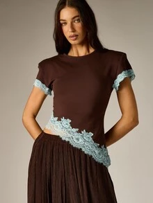 AiiRZ Chocolate Brown Crop T-Shirt With Light Blue Floral Lace Hem And Sleeve Trim Crew Neck Short Sleeve Spring Summer Top - Brown - View 1