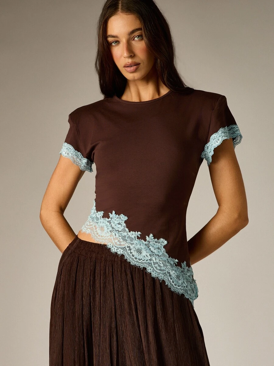 AiiRZ Chocolate Brown Crop T-Shirt With Light Blue Floral Lace Hem And Sleeve Trim Crew Neck Short Sleeve Spring Summer Top - Brown - View 1
