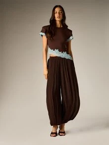 AiiRZ Chocolate Brown Crop T-Shirt With Light Blue Floral Lace Hem And Sleeve Trim Crew Neck Short Sleeve Spring Summer Top - Brown - View 3