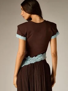 AiiRZ Chocolate Brown Crop T-Shirt With Light Blue Floral Lace Hem And Sleeve Trim Crew Neck Short Sleeve Spring Summer Top - Brown - View 2