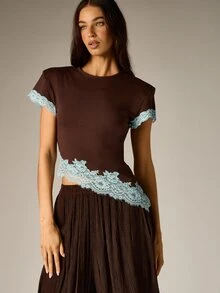 AiiRZ Chocolate Brown Crop T-Shirt With Light Blue Floral Lace Hem And Sleeve Trim Crew Neck Short Sleeve Spring Summer Top - Brown - View 5