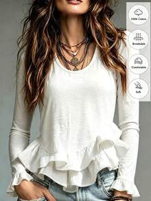 SHEIN Kaos Wanita Kasual Boho Lengan Panjang Pas Badan Warna Putih Gading dengan Hem Berkerut Asimetris, Katun Murni Serbaguna untuk Liburan Musim Gugur - Putih - View 4