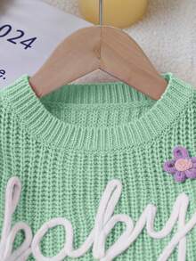 SHEIN 1件女嬰粉色圓領針織衫，繡有「Baby」字母與3D花朵裝飾，可愛清新簡約風，適中厚度，整齊下擺，緊口袖口，細緻紋理，觸感滑順，適合日常穿著、外出與戶外活動，適用春秋季 - 綠色 - 查看 6