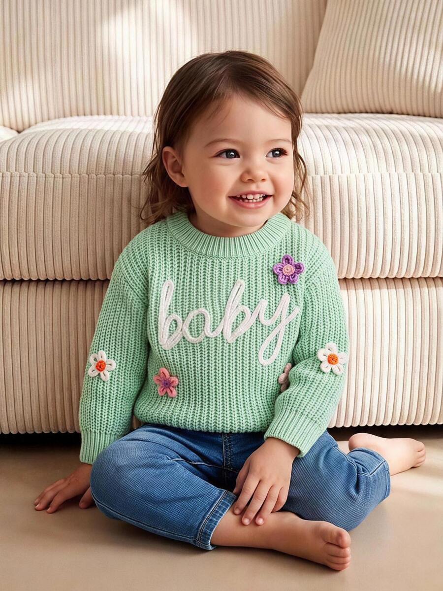 SHEIN 1件女嬰粉色圓領針織衫,繡有「Baby」字母與3D花朵裝飾,可愛清新簡約風,適中厚度,整齊下擺,緊口袖口,細緻紋理,觸感滑順,適合日常穿著、外出與戶外活動,適用春秋季 - 綠色 - 查看 1