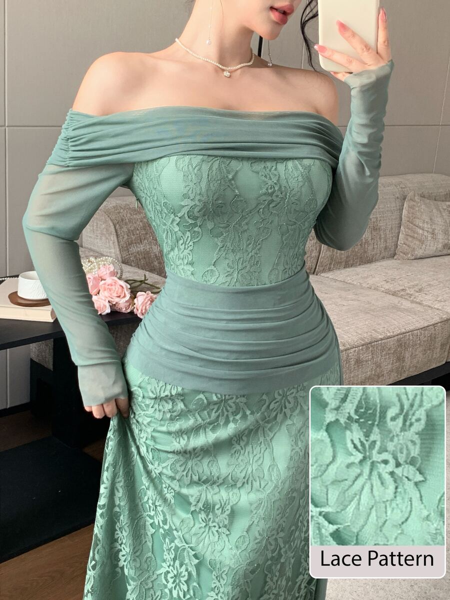 Modelyn 灰綠色露肩平口蕾絲修身長洋裝，附垂墜領口與緞帶，晚宴派對禮服