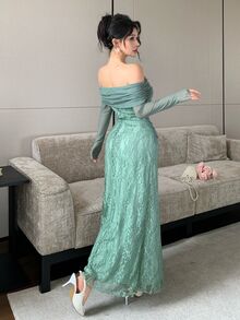 Modelyn 灰綠色露肩平口蕾絲修身長洋裝,附垂墜領口與緞帶,晚宴派對禮服 - 薄荷綠 - 查看 9