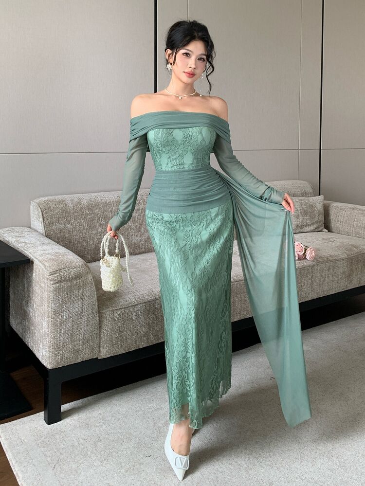 Modelyn Grey-Green Off-Shoulder Bandeau Lace Fitted Maxi Dress With Draped Cowl Neck And Ribbon, Evening Party Gown - Mint Green - View 6