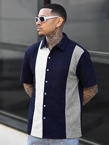 Devon Thys 男士夏季休闲纹理色块短袖纽扣衬衫 男士纽扣衬衫 男士精美纽扣衬衫 男士纽扣衬衫 复古纽扣衬衫 - 彩色 - 查看 1