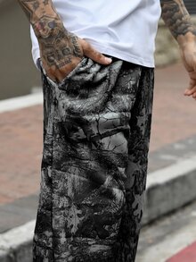 Devon Thys 男士松紧腰树叶印花休闲运动裤，适合日常穿着，也适合狂欢 - 黑色 - 查看 5