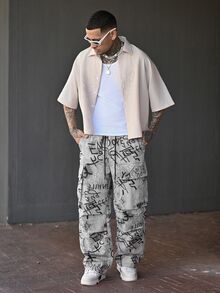 Devon Thys Quần thể thao nam phong cách punk đường phố thời trang, họa tiết rằn ri toàn thân, món đồ thiết yếu, quần ống rộng phong cách đường phố cá tính. - Xám - Xem 2