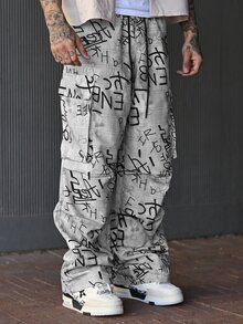 Devon Thys Quần thể thao nam phong cách punk đường phố thời trang, họa tiết rằn ri toàn thân, món đồ thiết yếu, quần ống rộng phong cách đường phố cá tính. - Xám - Xem 5