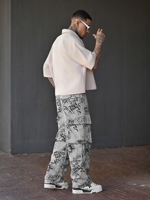 Devon Thys Quần thể thao nam phong cách punk đường phố thời trang, họa tiết rằn ri toàn thân, món đồ thiết yếu, quần ống rộng phong cách đường phố cá tính. - Xám - Xem 6