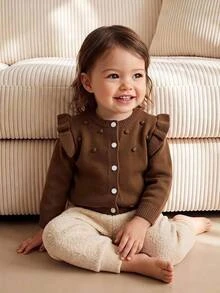 SHEIN Baby Girl Autumn/Winter Single-Breasted Ruffle Cuff Knit Cardigan - Brown - View 6