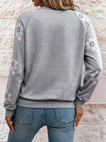 SHEIN PETITE Fashionable Women's Grey Embroidered Loose Sweatshirt - Grey - View 2