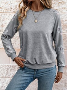 SHEIN PETITE Fashionable Women's Grey Embroidered Loose Sweatshirt - Grey - View 6
