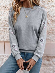 SHEIN PETITE Fashionable Women's Grey Embroidered Loose Sweatshirt - Grey - View 5