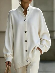 Penseblé Elegant High Neck Single-Breasted Long Sleeve Cardigan For Women - White - View 1