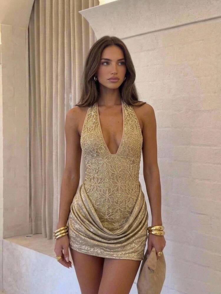 Aloruh Apricot Backless Halter Neck Women's Dress - Gold - View 9