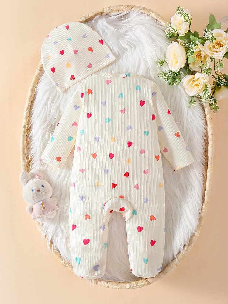 SHEIN 2pcs Newborn Baby Girl Footed Romper Cute Sweet Cream Heart Ruffle Ribbed Long Sleeve Round Neck Regular Birthday Fall Christmas Wedding Bow Jumpsuit - White - View 2