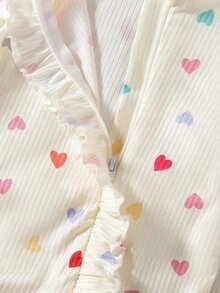 SHEIN 2件組新生女嬰連身衣 奶油色愛心荷葉邊羅紋長袖圓領連腳連身褲 可愛甜美 適合生日、秋季、聖誕、婚禮 蝴蝶結連身衣 - 白色 - 查看 6