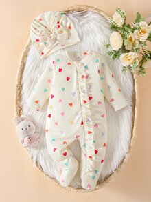 SHEIN 2件組新生女嬰連身衣 奶油色愛心荷葉邊羅紋長袖圓領連腳連身褲 可愛甜美 適合生日、秋季、聖誕、婚禮 蝴蝶結連身衣 - 白色 - 查看 9
