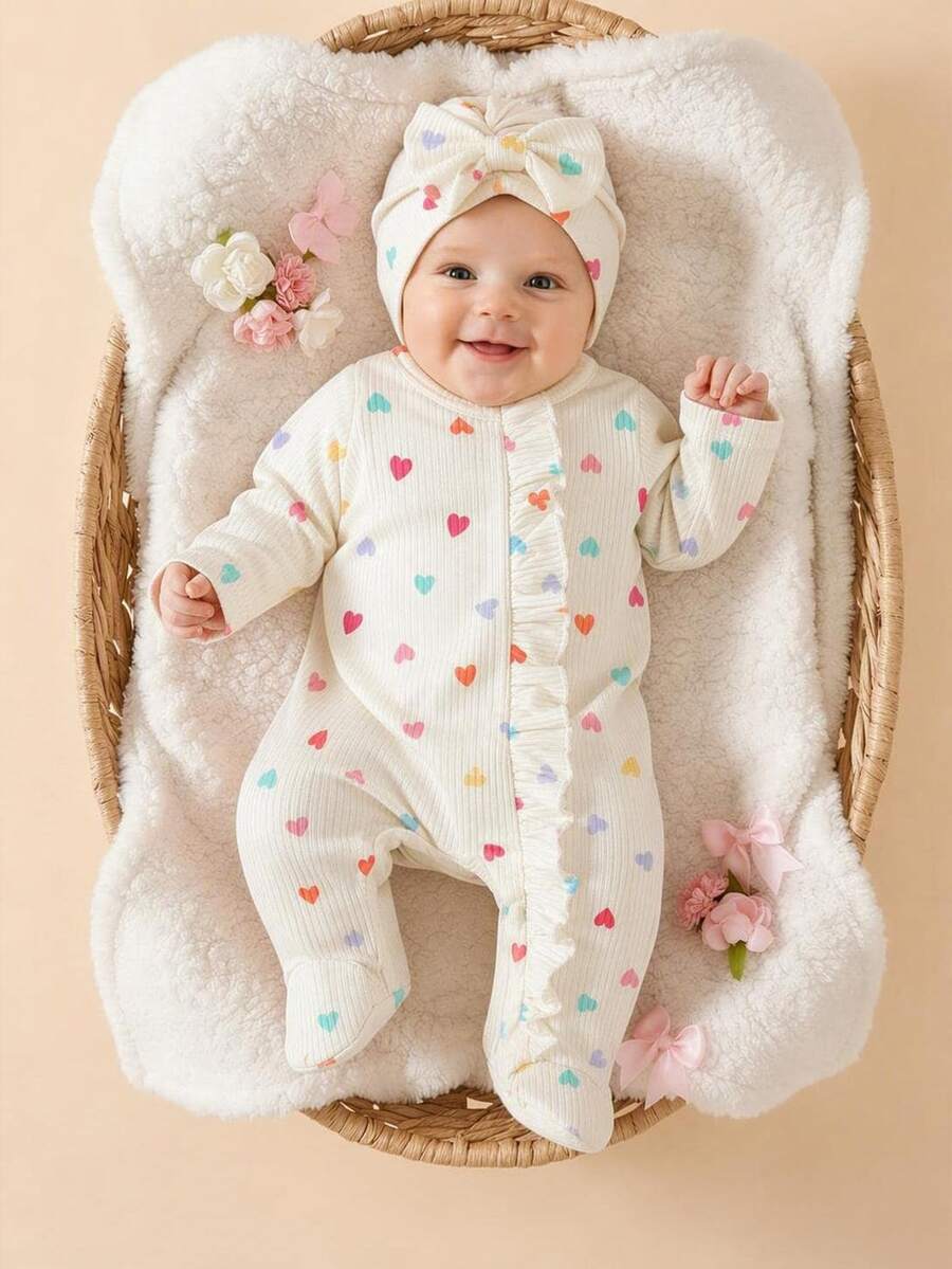 SHEIN 2件組新生女嬰連身衣 奶油色愛心荷葉邊羅紋長袖圓領連腳連身褲 可愛甜美 適合生日、秋季、聖誕、婚禮 蝴蝶結連身衣 - 白色 - 查看 1
