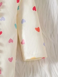 SHEIN 2件組新生女嬰連身衣 奶油色愛心荷葉邊羅紋長袖圓領連腳連身褲 可愛甜美 適合生日、秋季、聖誕、婚禮 蝴蝶結連身衣 - 白色 - 查看 7